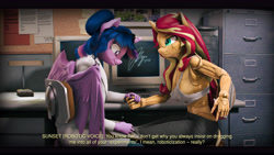 Size: 9600x5400 | Tagged: safe, artist:imafutureguitarhero, imported from derpibooru, sci-twi, sunset shimmer, twilight sparkle, alicorn, anthro, classical unicorn, robot, robot pony, unicorn, 3d, :i, absurd file size, absurd resolution, aperture, aperture iris, black bars, breasts, cargo pants, chair, cheek fluff, chromatic aberration, clipboard, clothes, colored eyebrows, colored eyelashes, computer, corkboard, crt, crt monitor, desk, desk lamp, dialogue, dialogue in the description, duo, ear fluff, female, file cabinet, film grain, fluffy, fluffy mane, freckles, glasses, glasses off, glowing, glowing eyes, grin, holding hands, horn, implied transformation, jeans, keyboard, lab coat, leonine tail, lesbian, long hair, long mane, long nails, looking at someone, looking at something, mare, monitor, multicolored hair, multicolored mane, office chair, painting, paintover, pants, paper, pen, peppered bacon, raised eyebrow, revamped anthros, revamped ponies, roboticization, scitwilicorn, scitwishimmer, shimmerbot, shipping, sideboob, signature, sitting, smiling, source filmmaker, story included, studying, subtitles, sunset shimmer is not amused, sunsetsparkle, tail, tail fluff, tanktop, text, torn clothes, twilight sparkle (alicorn), unamused, varying degrees of amusement, vulgar description, wall of tags, wings, writing