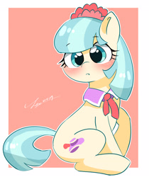 Size: 2171x2579 | Tagged: safe, artist:leo19969525, imported from derpibooru, coco pommel, earth pony, pony, blushing, cocobetes, cute, female, looking at you, mare, simple background, sitting, solo, white background