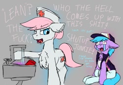 Size: 991x687 | Tagged: safe, artist:reddthebat, imported from derpibooru, azure velour, nurse redheart, earth pony, pony, chest fluff, dialogue, hat, lean, nurse hat, sink, solo, tail, vulgar