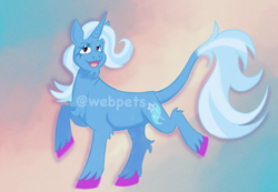 Size: 640x443 | Tagged: safe, artist:thebeastweaver, imported from derpibooru, trixie, pony, unicorn, chest fluff, chin fluff, colored hooves, female, leonine tail, lidded eyes, mare, solo, tail, watermark