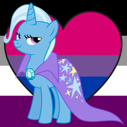 Size: 640x640 | Tagged: safe, artist:emo-self-shipping-art-doodles, imported from derpibooru, trixie, pony, unicorn, abstract background, asexual, asexual pride flag, bisexual pride flag, brooch, cape, clothes, collage, female, hat, jewelry, mare, pride, pride flag, solo, trixie's brooch, trixie's cape, trixie's hat