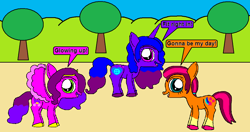 Size: 1210x637 | Tagged: safe, artist:iamthebestuserever, imported from derpibooru, izzy moonbow, pipp petals, sunny starscout, earth pony, pegasus, pony, unicorn, 1000 hours in ms paint, g5, speech bubble, tree, trio