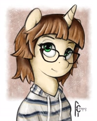 Size: 1620x2025 | Tagged: safe, artist:rcooper, imported from derpibooru, oc, pony, unicorn, bust, clothes, female, glasses, hoodie, portrait, short hair, simple background, solo