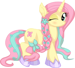 Size: 6982x6314 | Tagged: safe, artist:cyanlightning, imported from derpibooru, oc, oc only, oc:rapunzel shy, pony, unicorn, .svg available, absurd resolution, bow, braid, clothes, ear fluff, female, flower, hair bow, mare, not fluttershy, one eye closed, shoes, simple background, solo, transparent background, vector, wink