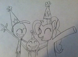 Size: 500x368 | Tagged: safe, artist:msperryrocks-blog, imported from derpibooru, pinkie pie, earth pony, pony, crossover, eyes closed, hat, party hat, traditional art, wander (wander over yonder), wander over yonder