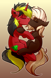 Size: 2630x4000 | Tagged: safe, artist:witchtaunter, imported from derpibooru, oc, oc only, oc:melony sweetsong, oc:pynoka, earth pony, pony, unicorn, chest fluff, commission, cute, ear fluff, eyes closed, female, floppy ears, gradient background, kissing, male, shoulder fluff