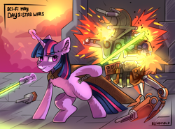 Size: 2700x2000 | Tagged: safe, artist:freak-side, imported from derpibooru, twilight sparkle, pony, unicorn, bipedal, cape, clothes, crossover, dexterous hooves, droid, droideka, explosion, glowing, glowing horn, high res, horn, levitation, lightsaber, magic, solo, star wars, telekinesis, unicorn twilight, weapon