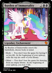 Size: 375x523 | Tagged: safe, edit, imported from derpibooru, princess celestia, alicorn, pony, unicorn, celestial advice, ccg, immortality blues, magic the gathering, royal guard, solo focus, throne room, trading card, trading card edit, worried