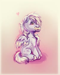 Size: 941x1164 | Tagged: safe, artist:avui, imported from derpibooru, derpy hooves, pegasus, pony, abstract background, cute, derpabetes, floating heart, food, heart, muffin, solo