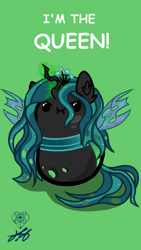 Size: 1080x1920 | Tagged: safe, artist:stainedglasslighthea, imported from derpibooru, queen chrysalis, changeling, changeling queen, :i, beady eyes, bean pony, comic sans, cute, cutealis, female, green background, phone wallpaper, potato pony, simple background, solo, wallpaper