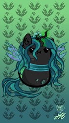 Size: 1080x1920 | Tagged: safe, artist:stainedglasslighthea, imported from derpibooru, queen chrysalis, changeling, changeling queen, :i, beady eyes, bean pony, cute, cutealis, female, green background, phone wallpaper, potato pony, simple background, solo, wallpaper