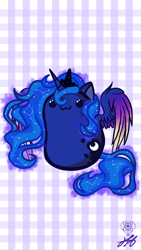 Size: 1080x1920 | Tagged: safe, artist:stainedglasslighthea, imported from derpibooru, princess luna, alicorn, pony, :3, abstract background, beady eyes, bean pony, chibi, colored wings, colored wingtips, constellation, crown, cute, female, jewelry, limbless, lunabetes, mare, phone wallpaper, potato pony, regalia, smiling, solo, spread wings, wallpaper, wings