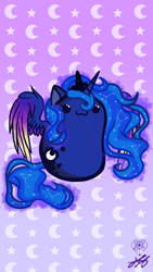 Size: 1080x1920 | Tagged: safe, artist:stainedglasslighthea, imported from derpibooru, princess luna, alicorn, pony, :3, abstract background, beady eyes, bean pony, chibi, colored wings, colored wingtips, constellation, crown, cute, female, jewelry, limbless, lunabetes, mare, phone wallpaper, potato pony, regalia, smiling, solo, spread wings, wallpaper, wings