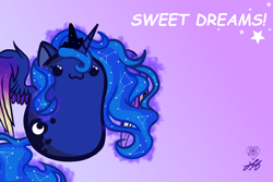 Size: 3000x2000 | Tagged: safe, artist:stainedglasslighthea, imported from derpibooru, princess luna, alicorn, pony, :3, beady eyes, bean pony, chibi, colored wings, colored wingtips, constellation, crown, cute, female, gradient background, jewelry, limbless, lunabetes, mare, potato pony, regalia, smiling, solo, spread wings, wallpaper, wings