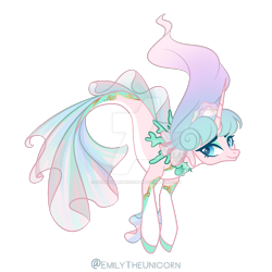 Size: 1280x1280 | Tagged: safe, artist:x-emilytheunicorn-x, imported from derpibooru, oc, oc only, seapony (g4), unicorn, colored pupils, deviantart watermark, dorsal fin, female, fins, fish tail, flowing tail, green eyes, horn, mare, obtrusive watermark, seaponified, simple background, smiling, solo, species swap, tail, transparent background, watermark