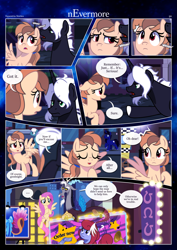 Size: 3259x4607 | Tagged: safe, artist:estories, imported from derpibooru, discord, fluttershy, oc, oc only, oc:alice goldenfeather, oc:möbius, draconequus, earth pony, pegasus, pony, unicorn, comic:nevermore, comic, horn, horns, pegasus oc, speech bubble, taxi, unicorn oc, wings