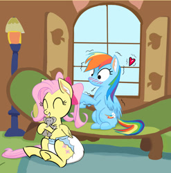 Size: 1567x1588 | Tagged: safe, artist:drasill, imported from derpibooru, fluttershy, rainbow dash, pegasus, pony, adult foal, blushing, bow, diaper, diaper fetish, duo, duo female, eyes closed, female, fetish, floating heart, happy, heart, nervous, non-baby in diaper, plushie, poofy diaper, shaking