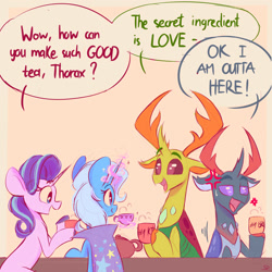 Size: 2000x2000 | Tagged: safe, artist:scribble-potato, imported from derpibooru, pharynx, starlight glimmer, thorax, trixie, changedling, changeling, pony, unicorn, brothers, changedling brothers, cross-popping veins, cup, cute, dialogue, female, food, glowing, glowing horn, group, high res, horn, king thorax, magic, magic aura, male, mare, open mouth, open smile, prince pharynx, quartet, siblings, smiling, tea, teacup, teapot, telekinesis, thorabetes