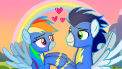 Size: 1280x720 | Tagged: safe, artist:mlplary6, imported from derpibooru, rainbow dash, soarin', pegasus, pony, female, heart, holding hooves, looking at each other, looking at someone, male, mare, rainbow, romance, romantic, shipping, smiling, smiling at each other, soarindash, stallion, straight, sunset