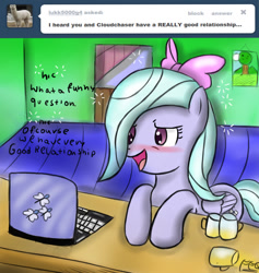 Size: 900x950 | Tagged: safe, artist:ask-flitter, artist:freefraq, imported from derpibooru, flitter, pegasus, pony, ask, ask-flitter, blushing, cider, computer, drunk, female, laptop computer, solo, tumblr