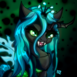 Size: 3000x3000 | Tagged: safe, artist:umbrapone, imported from derpibooru, queen chrysalis, changeling, changeling queen, abstract background, big horn, canterlot wedding 10th anniversary, chitin, crown, fangs, female, glowing, glowing eyes, green eyes, horn, jewelry, kitchen eyes, long mane, magic, regalia, shiny mane, smiling, solo, torn wings, wings