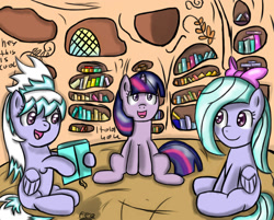 Size: 1120x900 | Tagged: safe, artist:freefraq, imported from derpibooru, cloudchaser, flitter, twilight sparkle, pegasus, pony, unicorn, ask-flitter, book, female, golden oaks library, trio, unicorn twilight