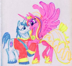 Size: 2247x2047 | Tagged: safe, artist:ja0822ck, imported from derpibooru, princess cadance, shining armor, alicorn, pony, unicorn, canterlot wedding 10th anniversary, duo, height difference, size difference, traditional art