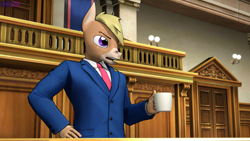 Size: 3840x2160 | Tagged: safe, artist:antonsfms, imported from derpibooru, oc, oc only, oc:nickyequeen, anthro, donkey, 3d, ace attorney, alternate universe, anthro oc, attorney, badge, banner, clothes, commission, commissioner:nickyequeen, court, courtroom, crossover, cup, desk, donkey oc, drinking, formal attire, formal wear, high res, image set, male, necktie, nickywright, open mouth, phoenix wright, solo, source filmmaker, suit