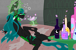 Size: 3000x2000 | Tagged: safe, artist:ja0822ck, imported from derpibooru, princess cadance, princess celestia, queen chrysalis, changeling, changeling queen, alcohol, bottle, canterlot wedding 10th anniversary, cocktail, cocktail glass, cork, crown, drink, drunk, faic, female, heart, implied princess cadance, implied princess celestia, implied princess luna, implied shining armor, implied twilight sparkle, jewelry, lying down, magic, on back, open mouth, open smile, regalia, smiling, solo, telekinesis