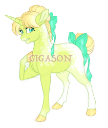 Size: 2360x2800 | Tagged: safe, artist:gigason, imported from derpibooru, oc, oc:sour note, pony, unicorn, bow, female, hair bow, mare, obtrusive watermark, offspring, parent:dear darling, parent:feather bangs, simple background, solo, tail, tail bow, transparent background, watermark