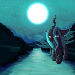 Size: 1280x1280 | Tagged: safe, artist:windykirin, imported from derpibooru, queen chrysalis, changeling, changeling queen, cute, cutealis, female, flying, lidded eyes, moon, moonlight, night, sad, solo