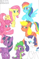 Size: 1203x1781 | Tagged: safe, artist:cmara, imported from derpibooru, applejack, fluttershy, pinkie pie, rainbow dash, rarity, spike, twilight sparkle, alicorn, dragon, female, male, mane seven, mane six, shipping, sparity, straight, traditional art, twilight sparkle (alicorn), winged spike, wings