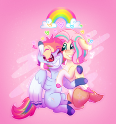 Size: 668x711 | Tagged: safe, artist:thatonefluffs, imported from derpibooru, fluttershy, rainbow dash, deer, deer pony, original species, pegasus, pony, blushing, chest fluff, colored hooves, cute, dashabetes, draw this in your style, female, floppy ears, flutterdash, freckles, heart, height difference, holding a pony, hug, lesbian, looking at each other, looking at someone, mare, redesign, shipping, shyabetes, sitting, smiling, tallershy, wings