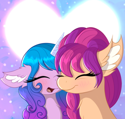 Size: 892x850 | Tagged: safe, artist:windykirin, imported from derpibooru, izzy moonbow, sunny starscout, earth pony, pony, unicorn, cute, duo, duo female, ear fluff, eyes closed, female, g5, heart, izzybetes, izzyscout, lesbian, mare, open mouth, shipping, sunnybetes