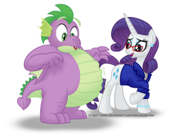 Size: 1280x1015 | Tagged: safe, artist:aleximusprime, imported from derpibooru, rarity, spike, dragon, pony, unicorn, flurry heart's story, belly, bhm, big belly, cute, fat, fat spike, female, glasses, hungry, male, mare, shipping, simple background, sparity, stomach growl, stomach noise, straight, transparent background