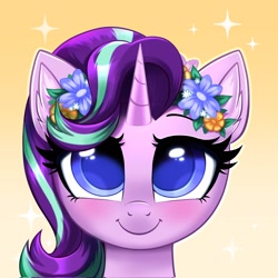 Size: 2048x2048 | Tagged: safe, artist:confetticakez, imported from derpibooru, starlight glimmer, pony, unicorn, adorable face, big eyes, blushing, bust, colored pupils, cute, ear fluff, female, floral head wreath, flower, flower in hair, glimmerbetes, gradient background, happy, high res, looking at you, mare, smiling, smiling at you, solo, stars, weapons-grade cute