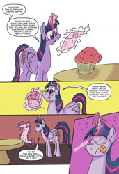 Size: 1024x1499 | Tagged: safe, artist:princebluemoon3, artist:ultimatum323, imported from derpibooru, twilight sparkle, alicorn, pony, comic:the twiligh muffin, comic, eating, eyes closed, food, levitation, magic, muffin, speech bubble, telekinesis, tongue out, twilight sparkle (alicorn)