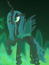 Size: 3016x4032 | Tagged: safe, artist:rainbowšpekgs, imported from derpibooru, queen chrysalis, changeling, changeling queen, adorabolical, antagonist, canterlot wedding 10th anniversary, cute, cutealis, evil, evil grin, female, fire, green eyes, green fire, grin, high res, insect wings, pose, raised hoof, signature, smiling, solo, spread wings, standing, transparent wings, wings