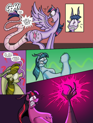 Size: 774x1032 | Tagged: safe, artist:princebluemoon3, artist:ultimatum323, imported from derpibooru, twilight sparkle, alicorn, draconequus, pony, comic:the twiligh muffin, comic, draconequified, fear, gritted teeth, horns, magic, screaming, species swap, speech bubble, teeth, transformation, twikonequus, twilight sparkle (alicorn)