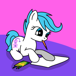 Size: 768x768 | Tagged: safe, artist:danielthebrony57, imported from derpibooru, baby sleepy pie, earth pony, pony, baby, baby pony, crayola, crayon, crayons, cute, drawing, female, filly, foal, g1, g1 to g4, g4, generation leap, living room, lying down, mouth hold, paper, prone, sleepydorable, solo