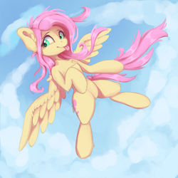 Size: 2000x2000 | Tagged: safe, artist:mochalula, imported from derpibooru, fluttershy, pegasus, pony, :p, aside glance, chest fluff, cloud, cute, ear fluff, elbow fluff, female, flying, high res, hoof fluff, looking at you, mare, shyabetes, sky background, smiling, solo, spread wings, tail, tongue out, windswept mane, windswept tail, wings