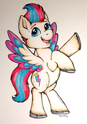 Size: 1061x1500 | Tagged: safe, artist:fishiewishes, imported from derpibooru, zipp storm, pegasus, pony, bipedal, female, g5, mare, marker drawing, open mouth, open smile, photo, simple background, smiling, solo, spread wings, traditional art, white background, wings