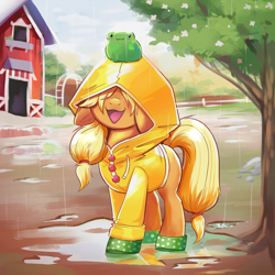 Size: 4000x4000 | Tagged: safe, artist:confetticakez, imported from derpibooru, applejack, earth pony, frog, pony, barn, blank flank, boots, bottomless, clothes, cottagecore, cute, female, filly, filly applejack, foal, hair over eyes, jackabetes, mare, missing cutie mark, on head, open mouth, partial nudity, puddle, rain, raincoat, shoes, silly, silly pony, solo, tree, wellington boots, wet, wet mane, who's a silly pony, younger