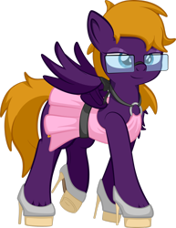 Size: 1920x2489 | Tagged: safe, artist:alexdti, imported from derpibooru, oc, oc only, oc:purple creativity, pegasus, pony, clothes, dress, eyeshadow, female, full body, glasses, high heels, high res, hoof shoes, hooves, lidded eyes, makeup, mare, partially open wings, pegasus oc, raised leg, shoes, simple background, smiling, solo, tail, transparent background, wings