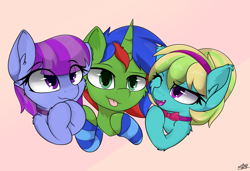 Size: 3500x2400 | Tagged: safe, artist:starmaster, imported from derpibooru, oc, oc only, oc:christian clefnote, oc:eminence bloom, oc:lutecia, bat pony, pegasus, pony, unicorn, :p, commission, female, horn, looking at you, open mouth, smiling, tongue out, trio