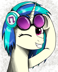 Size: 1524x1884 | Tagged: safe, artist:enteryourponyname, imported from derpibooru, dj pon-3, vinyl scratch, pony, unicorn, glasses, headphones, looking at you, one eye closed, simple background, smiling, smiling at you, solo, wink