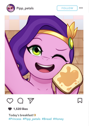 Size: 2200x3132 | Tagged: safe, artist:maren, imported from derpibooru, pipp petals, pegasus, pony, spoiler:g5, spoiler:my little pony: tell your tale, spoiler:tyts01e04, adorapipp, bread, cute, female, food, g5, instagram, mare, my little pony: tell your tale, nightmare roommate, one eye closed, open mouth, peanut butter, scene interpretation, solo, toast, wink
