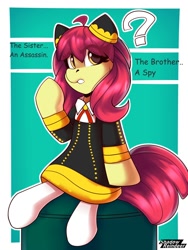 Size: 1500x2000 | Tagged: safe, artist:shadowreindeer, imported from derpibooru, apple bloom, earth pony, pony, anime, anya forger, clothes, cosplay, costume, crossover, implied applejack, implied big macintosh, question mark, spy x family