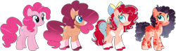 Size: 1446x423 | Tagged: safe, artist:edgeyboiss, artist:selenaede, imported from derpibooru, pinkie pie, earth pony, pony, alternate hairstyle, art evolution, base used, bow, comparison, female, hair bow, mare, markings, redesign, simple background, solo, transparent background, unshorn fetlocks