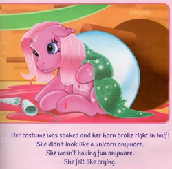 Size: 3276x3224 | Tagged: safe, artist:carlo loraso, imported from derpibooru, pinkie pie (g3), book, book:pony party, broken, clothes, context is for the weak, cosplay, costume, g3, horn, official, out of context, pony party, punch, sad, table, wet, wet mane